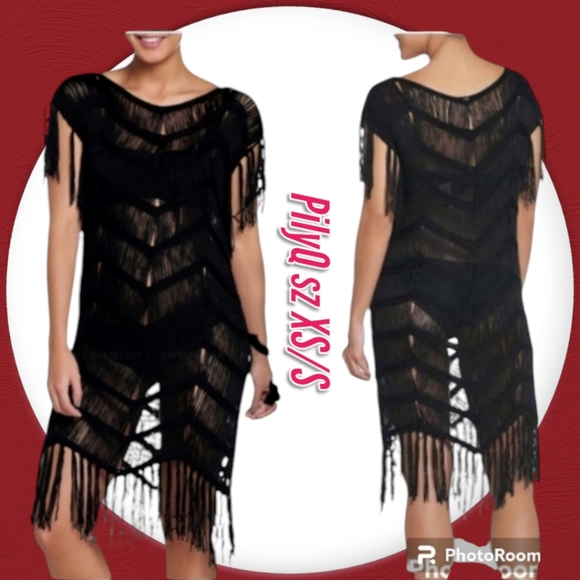 PILYQ MIDNIGHT Crochet Fringe Swimsuit Cover Up Black  Dress - Picture 1 of 12